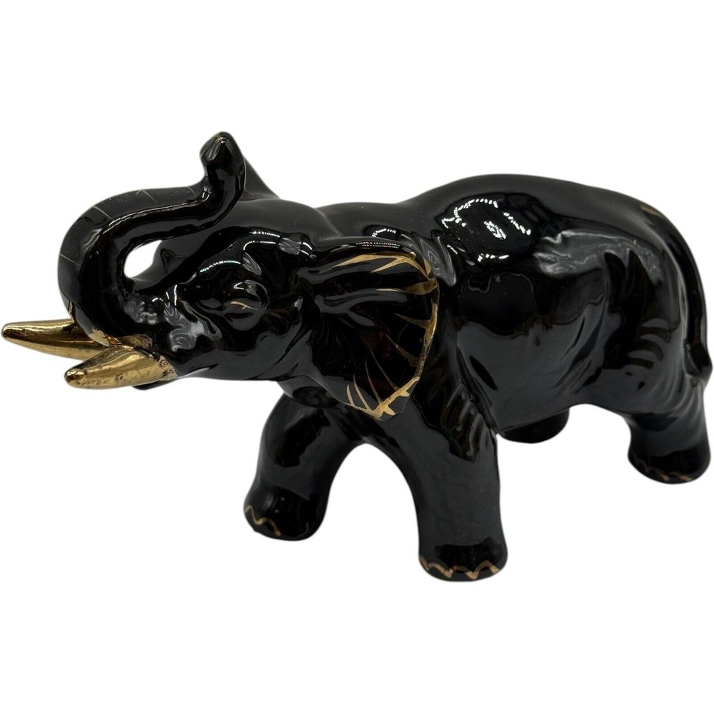 Black Elephant Figurine Gold Accents Ceramic Animal Statue Home Decor